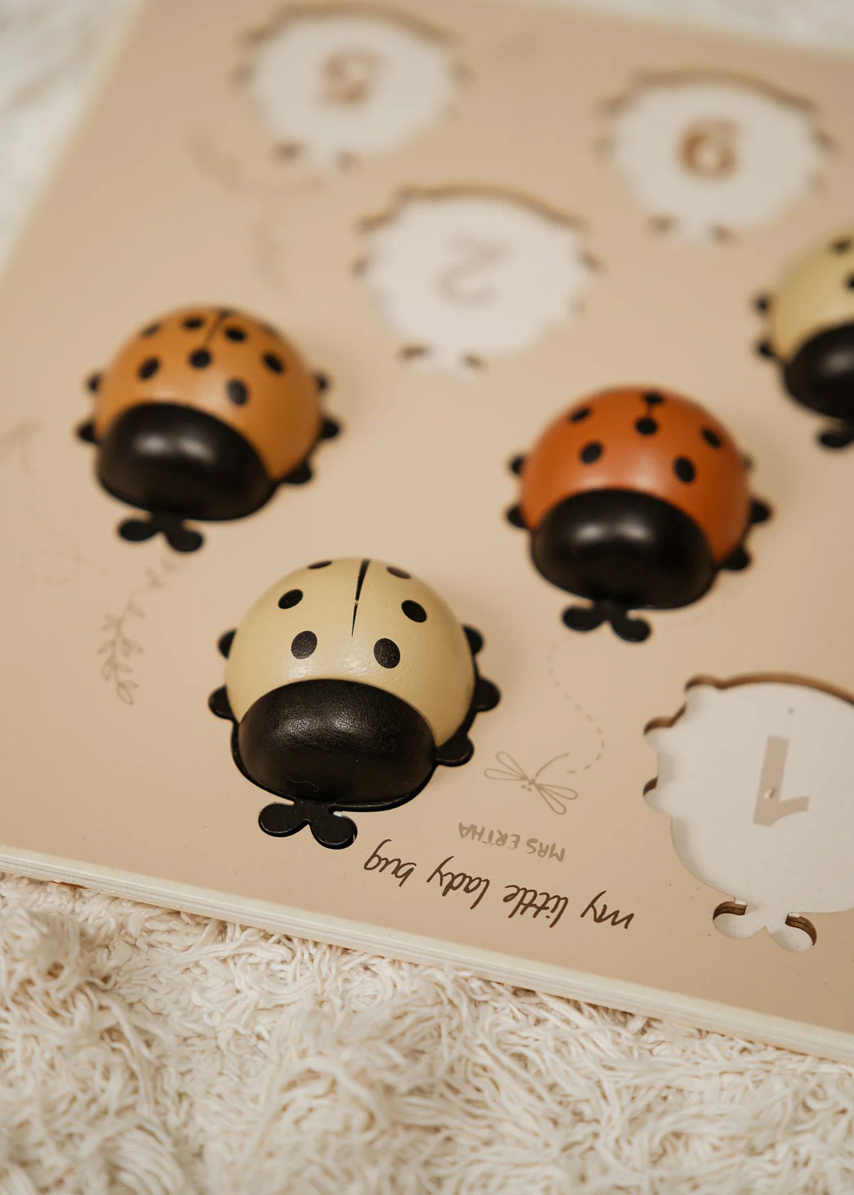 Découvrez Mes Dames 🐞, un puzzle Montessori en bois pour développer motricité, reconnaissance des formes et premiers chiffres dès 3 ans.