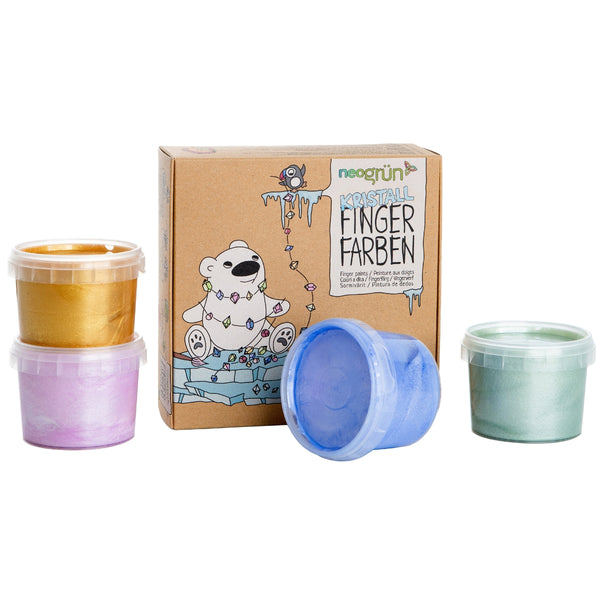 Coffret 4 pots peinture aux doigts “Mika Cristal”, naturelle et vegan, couleurs scintillantes quartz rose, jade, saphir et or. Texture crémeuse anti-éclaboussure, sûre pour les enfants, lavable à l’eau savonneuse.
