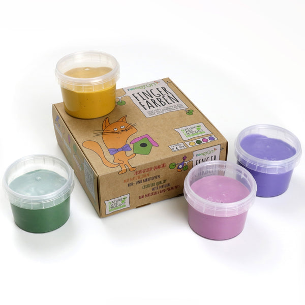 Coffret 4 pots peinture aux doigts “Luka”, naturelle et vegan, couleurs jaune, vert, rose et violet. Texture crémeuse anti-éclaboussure, sûre pour les enfants, lavable à l’eau savonneuse.