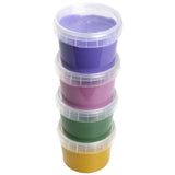 Coffret 4 pots peinture aux doigts “Luka”, naturelle et vegan, couleurs jaune, vert, rose et violet. Texture crémeuse anti-éclaboussure, sûre pour les enfants, lavable à l’eau savonneuse.