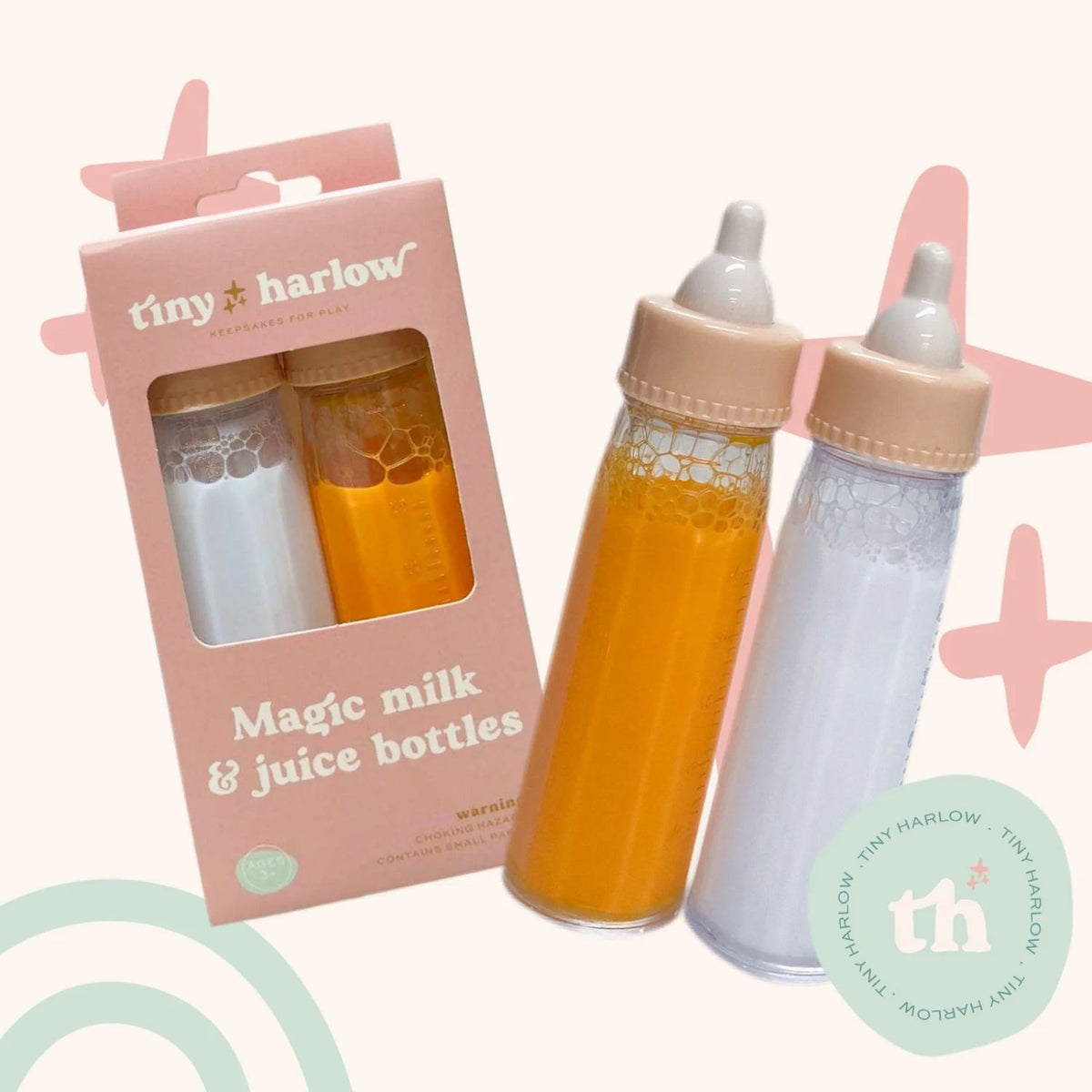 Offrez un jeu d’imitation magique avec le duo de biberons Tiny Harlow. Effet magique réaliste, lait et jus de fruit pour poupées. Développe créativité et empathie dès 3 ans.