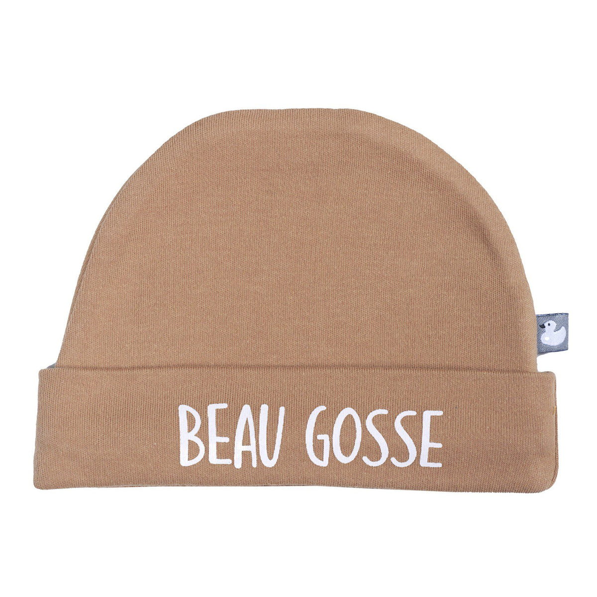 Bonnet naissance doublé pur coton “Beau gosse” camel, tout doux et confortable. Taille unique, idéal pour les premières semaines de bébé et lavable en machine.