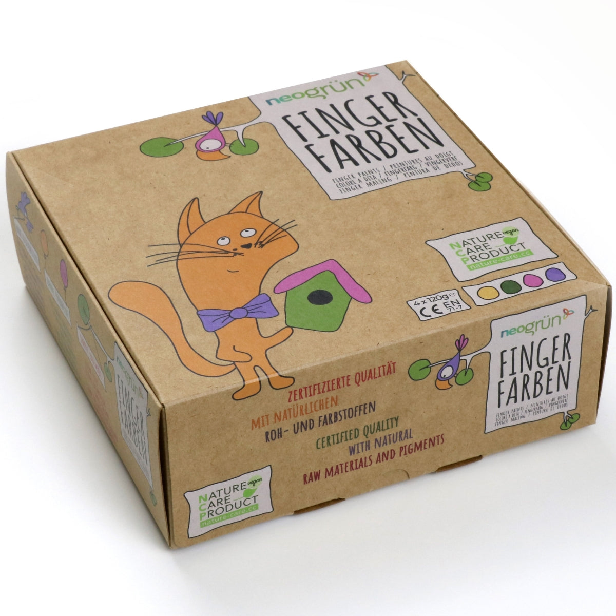 Coffret 4 pots peinture aux doigts “Luka”, naturelle et vegan, couleurs jaune, vert, rose et violet. Texture crémeuse anti-éclaboussure, sûre pour les enfants, lavable à l’eau savonneuse.