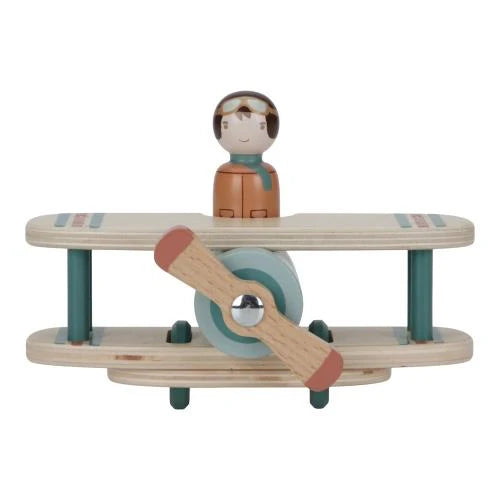 Avion jouet en bois avec hélice et pilote. Jouet d’éveil dès 18 mois pour développer imagination et coordination.
