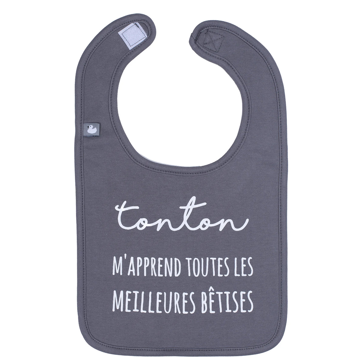 Bavoir “Tonton m’apprend les meilleures bêtises” anthracite, 100% coton, doux et pratique. Cadeau drôle et original pour bébé signé Petit Coeur Salé.