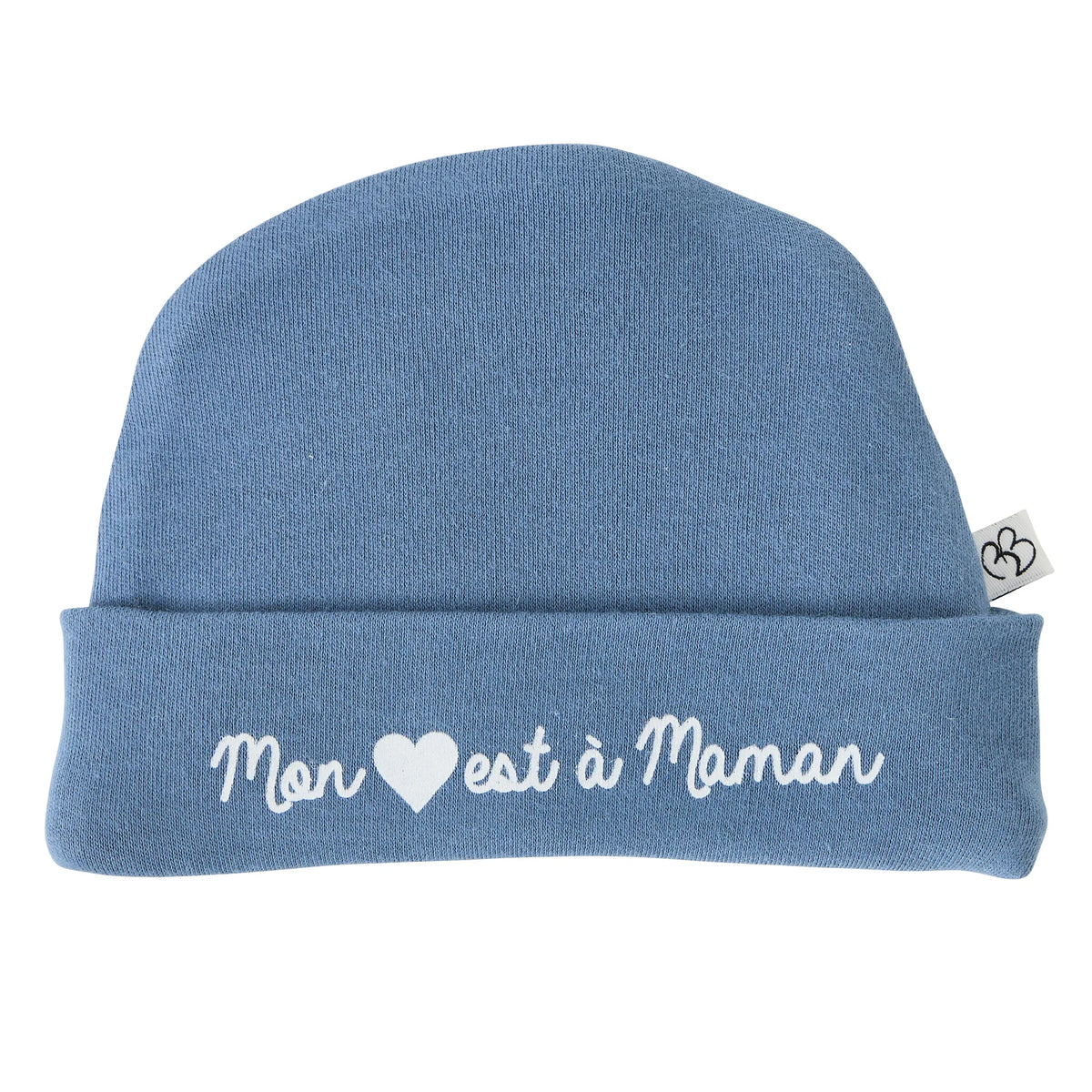 Bonnet naissance pur coton “Mon cœur est à maman”, doux et confortable. Forme turban tendance, taille unique pour bébé, lavable en machine. Cadeau parfait maternité.