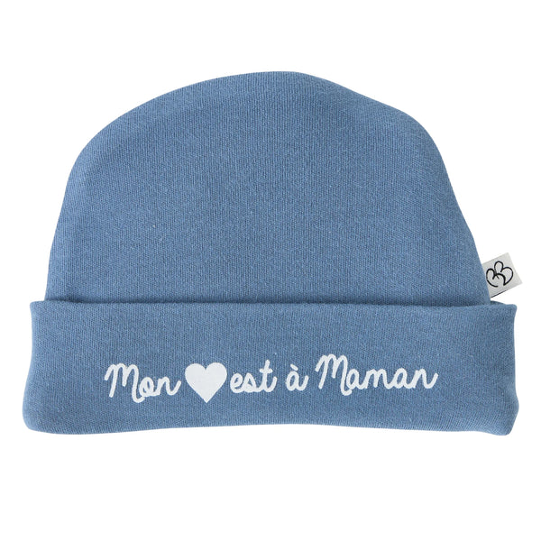 Bonnet naissance pur coton “Mon cœur est à maman”, doux et confortable. Forme turban tendance, taille unique pour bébé, lavable en machine. Cadeau parfait maternité.