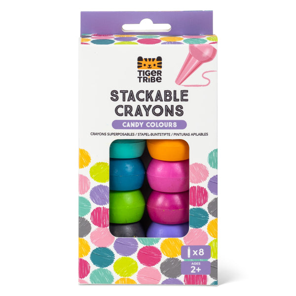 Crayons empilables Candy Colours : 8 crayons faciles à tenir pour enfants dès 2 ans. Idéal pour premiers coloriages et développement motricité fine.