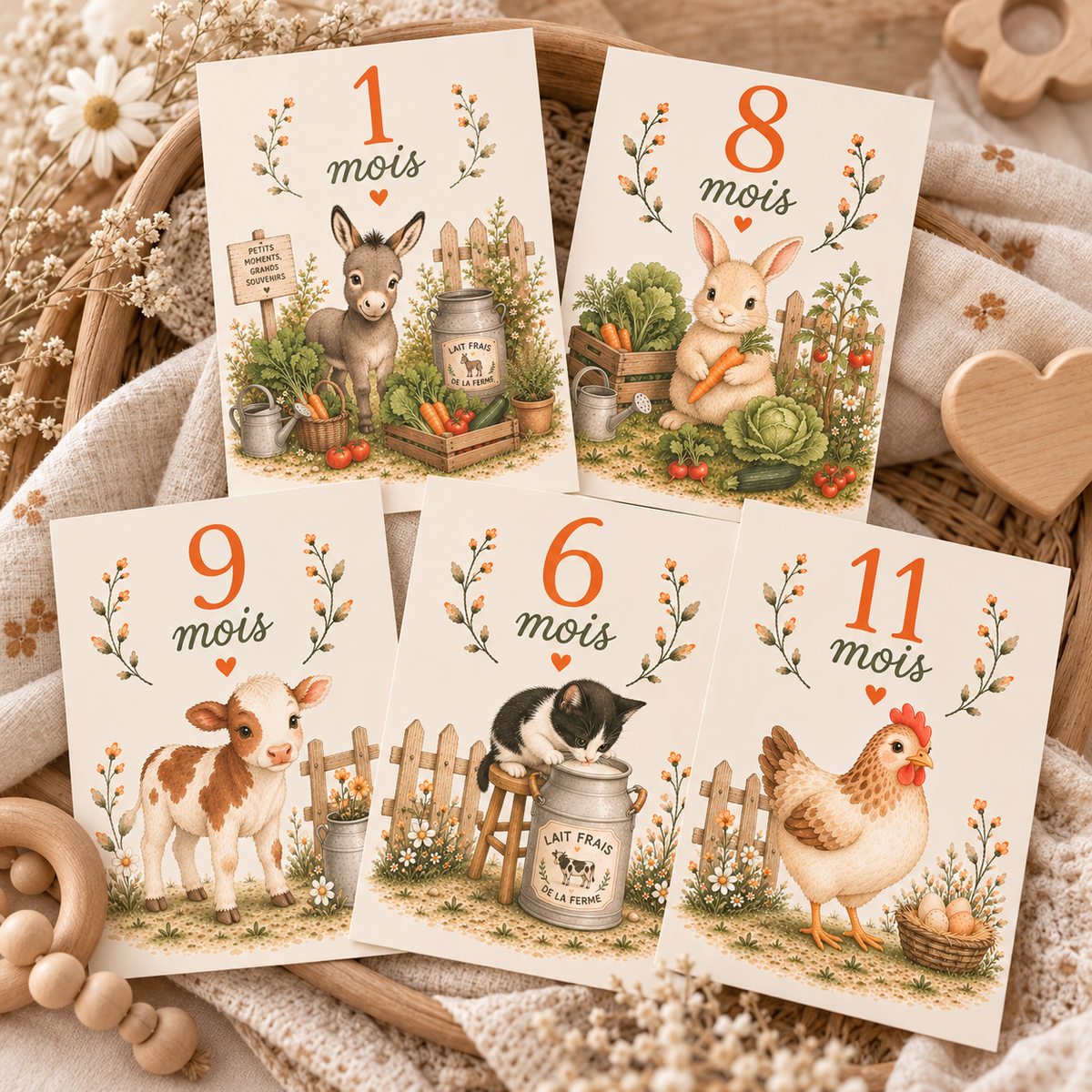 Cartes étapes 12 mois thème ferme Petit coeur salé