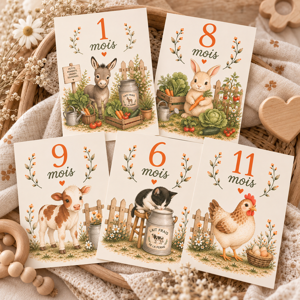 Cartes étapes 12 mois thème ferme Petit coeur salé