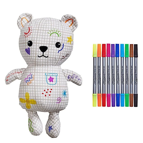 Stimulez la créativité de votre enfant avec l’ours en peluche à colorier EatSleepDoodle 🧸. Feutres lavables inclus, tissu doux, personnalisable et réutilisable à l’infini !