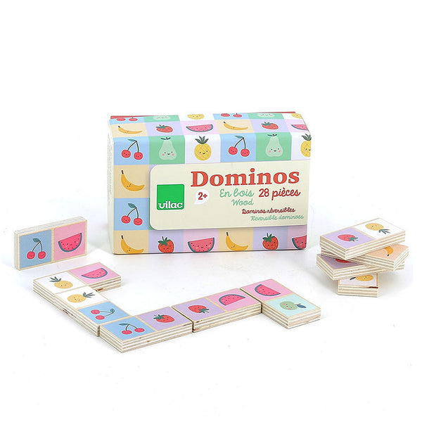 Dominos en bois 2 ans réversibles : fruits et chiffres. Jeu éducatif pour stimuler mémoire et apprentissage.