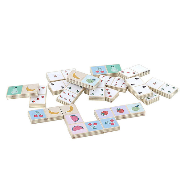 Dominos en bois 2 ans réversibles : fruits et chiffres. Jeu éducatif pour stimuler mémoire et apprentissage.