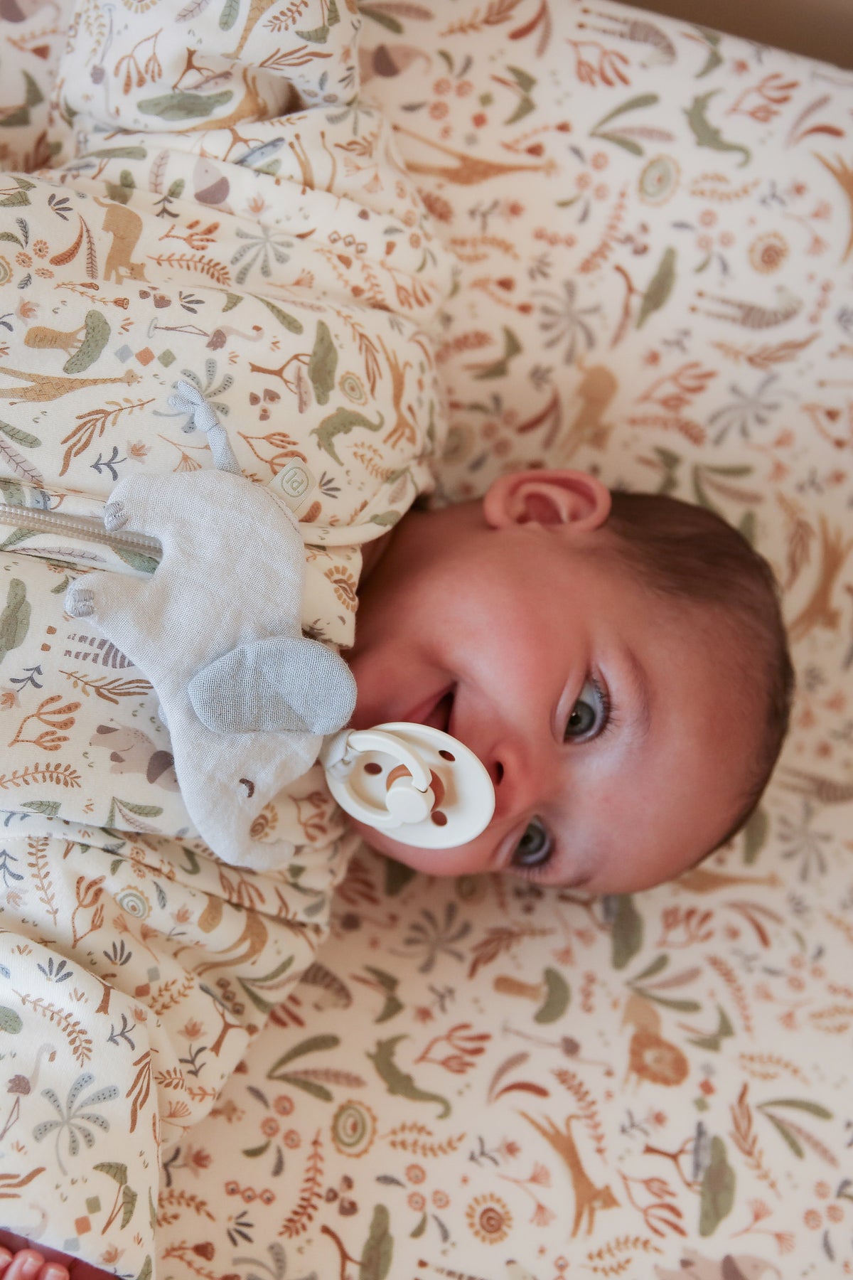 Doudou attache-tétine éléphant en coton bio : l’indispensable pour le confort et le quotidien de bébé.