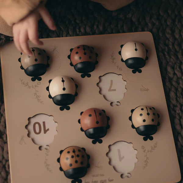 Découvrez Mes Dames 🐞, un puzzle Montessori en bois pour développer motricité, reconnaissance des formes et premiers chiffres dès 3 ans.