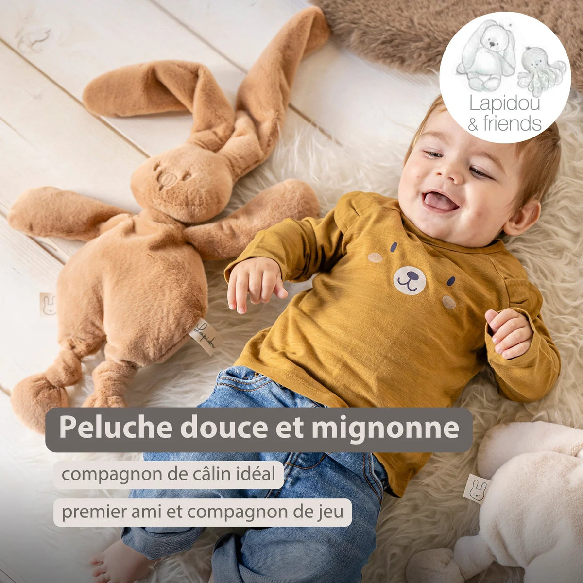 Doudou lapin en peluche 30 cm – Peluche douce bébé beige chaud NATTOU
