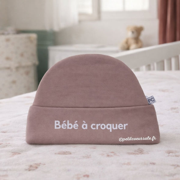 Bonnet Naissance “Bébé à croquer" mocha