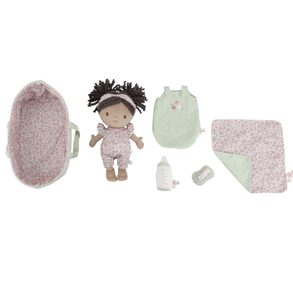 Poupon avec couffin et accessoires – Bébé Evi 12 mois+