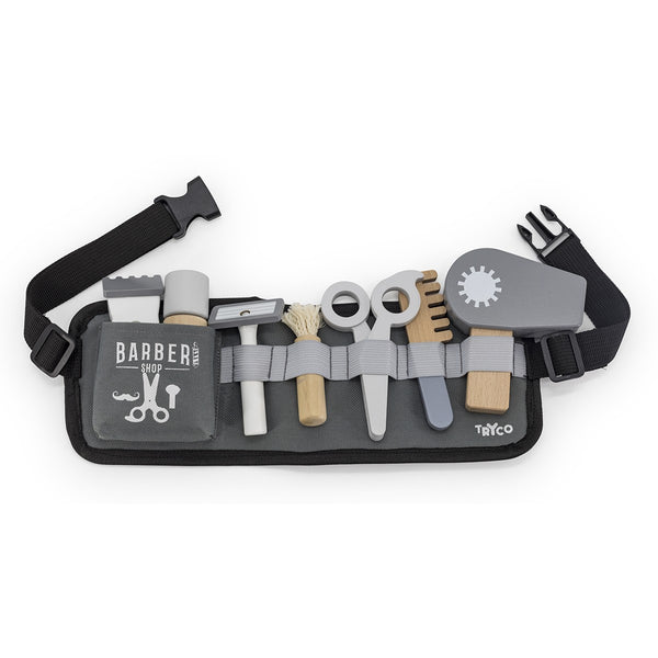Kit coiffeur barbier en bois pour enfant dès 3 ans. Jeu d’imitation avec accessoires pour stimuler imagination et motricité.