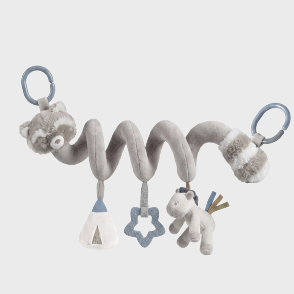 La spirale d'activités Raku Noukie's accompagne bébé dès la naissance dans toutes ses aventures. Facile à fixer sur un lit, un parc, une poussette ou un siège-auto, elle propose de nombreuses activités sensorielles comme un hochet, des clochettes, du papier bruissant et des textures variées pour stimuler l'éveil, la motricité fine et la curiosité de votre enfant.

Spirale d'activités Raku Noukie's dès la naissance avec hochet, clochettes, papier bruissant et textures sensorielles à fixer sur une poussette, 
