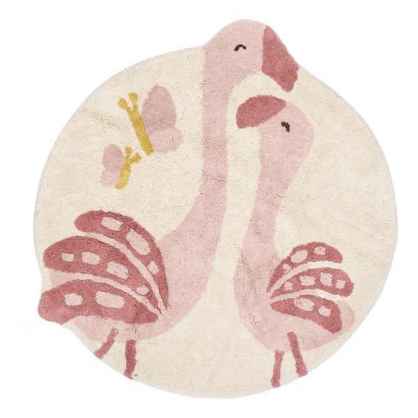 Tapis enfant flamant rose en coton bio : l’allié parfait pour une chambre douce, chaleureuse et pleine de poésie.