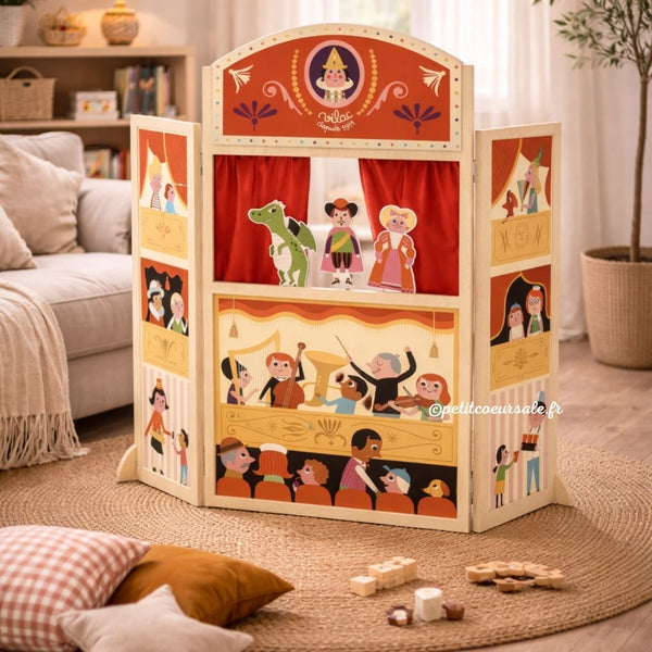 Grand théâtre de marionnettes en bois rouge pliable dès 3 ans. Idéal pour stimuler imagination et expression orale.
