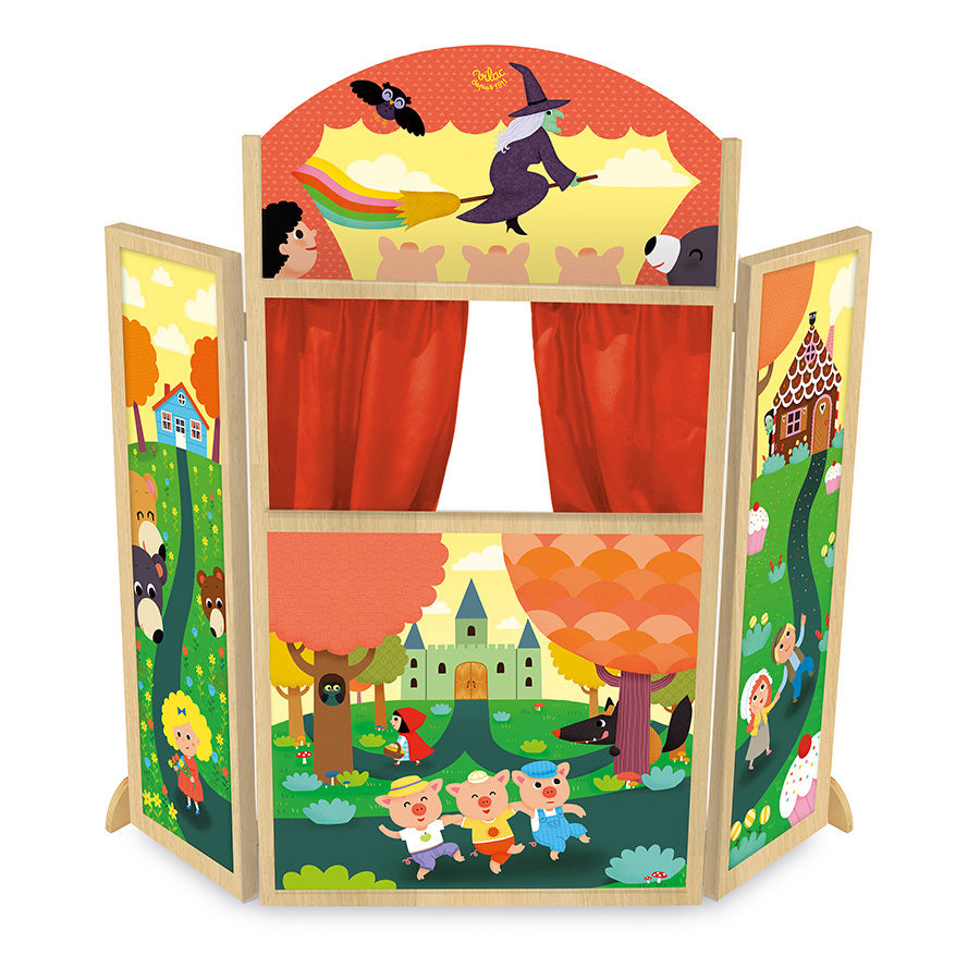 Grand théâtre de marionnettes en bois dès 3 ans. Décor contes, pliable et idéal pour stimuler l’imagination.