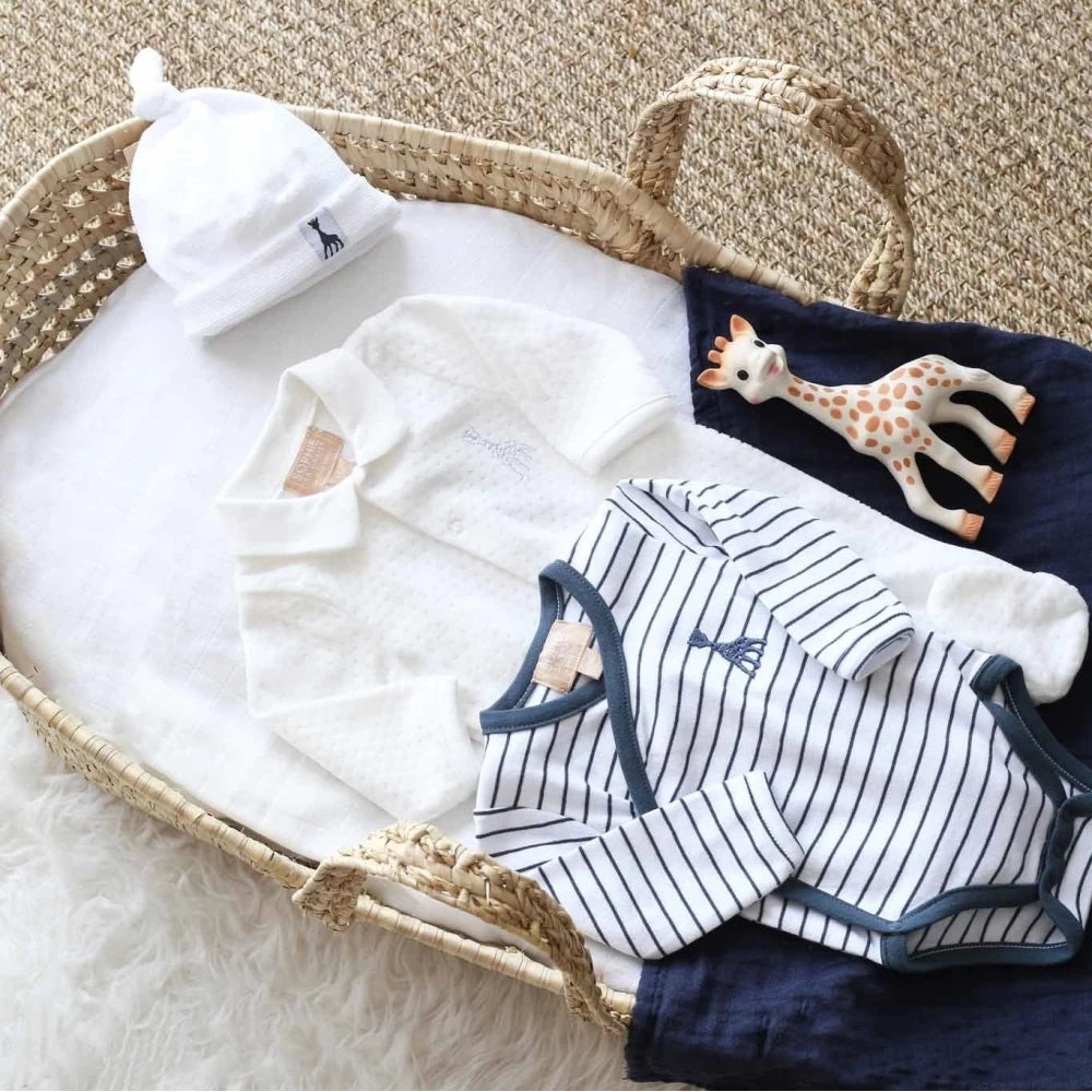 Bonnet naissance velours drop needle - Bleu marine sophie la girafe