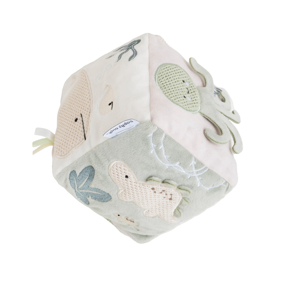 Cube pour l'éveil de bébé stimule la motricité. Couleurs douces et mixtes. Idéal pour les premiers mois