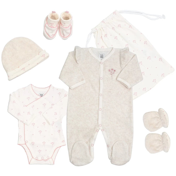 Kit naissance 6 pièces fille - Motif floral - 1 mois
