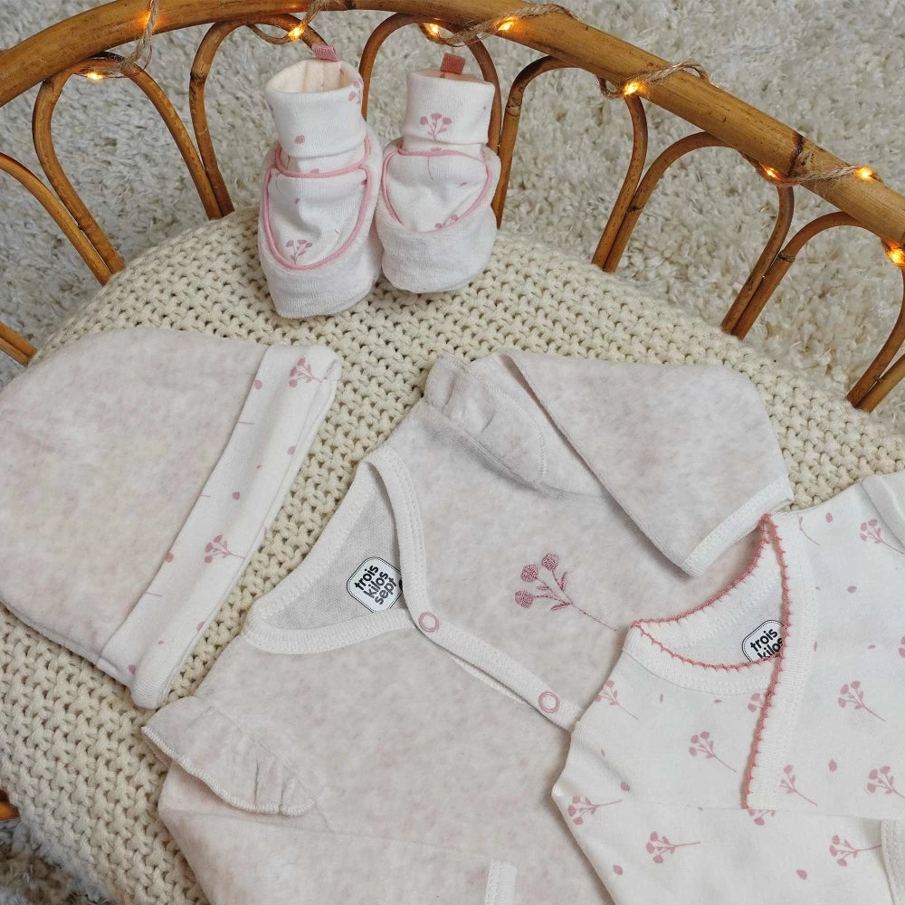 Kit naissance 6 pièces fille - Motif floral - 1 mois