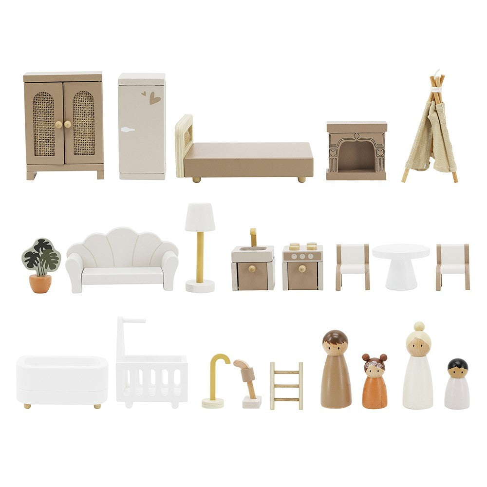 Maison de poupées en bois – Nougat avec accessoires et poupées