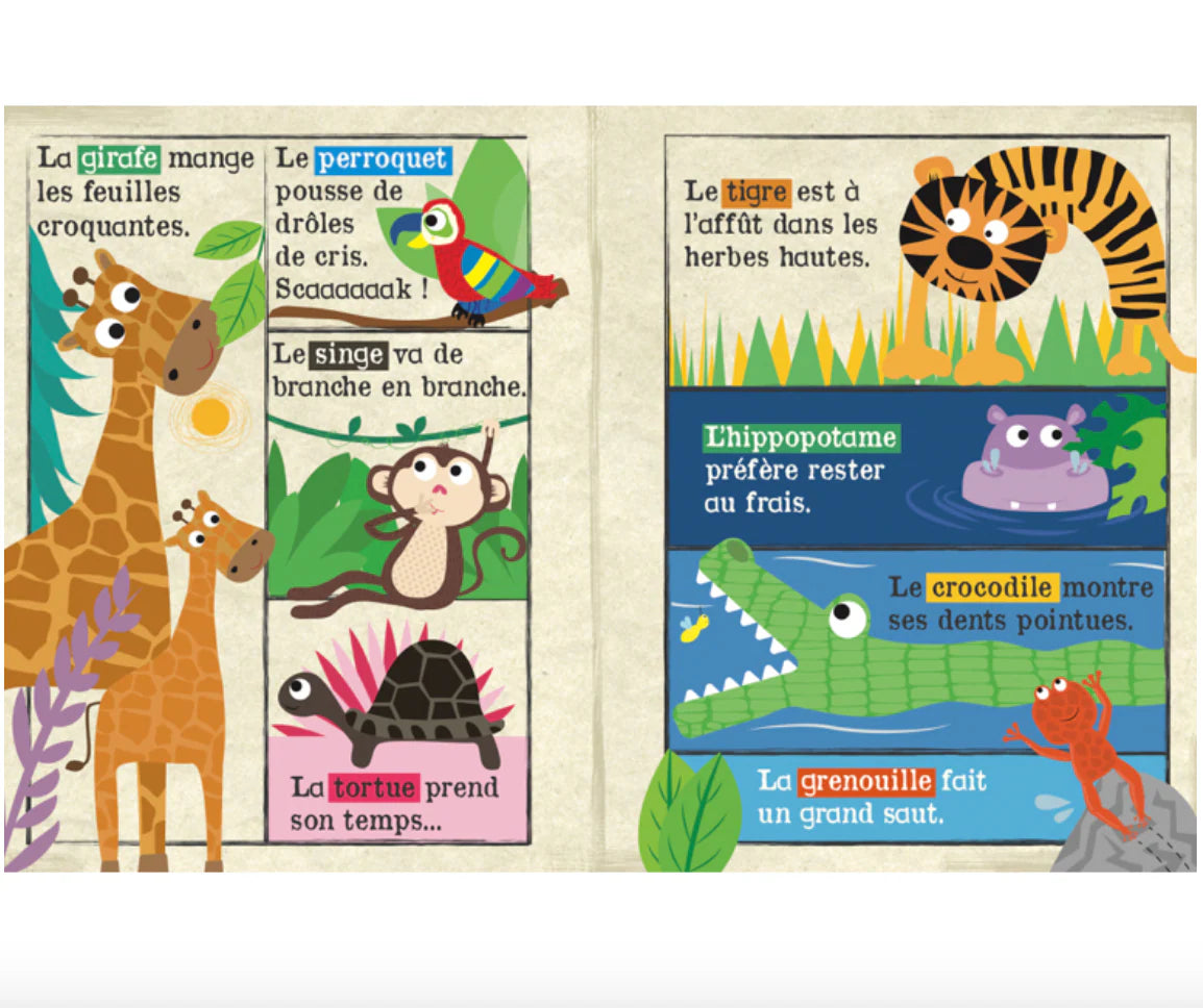 Pages crépitantes illustrant lions, éléphants et girafes pour bébé