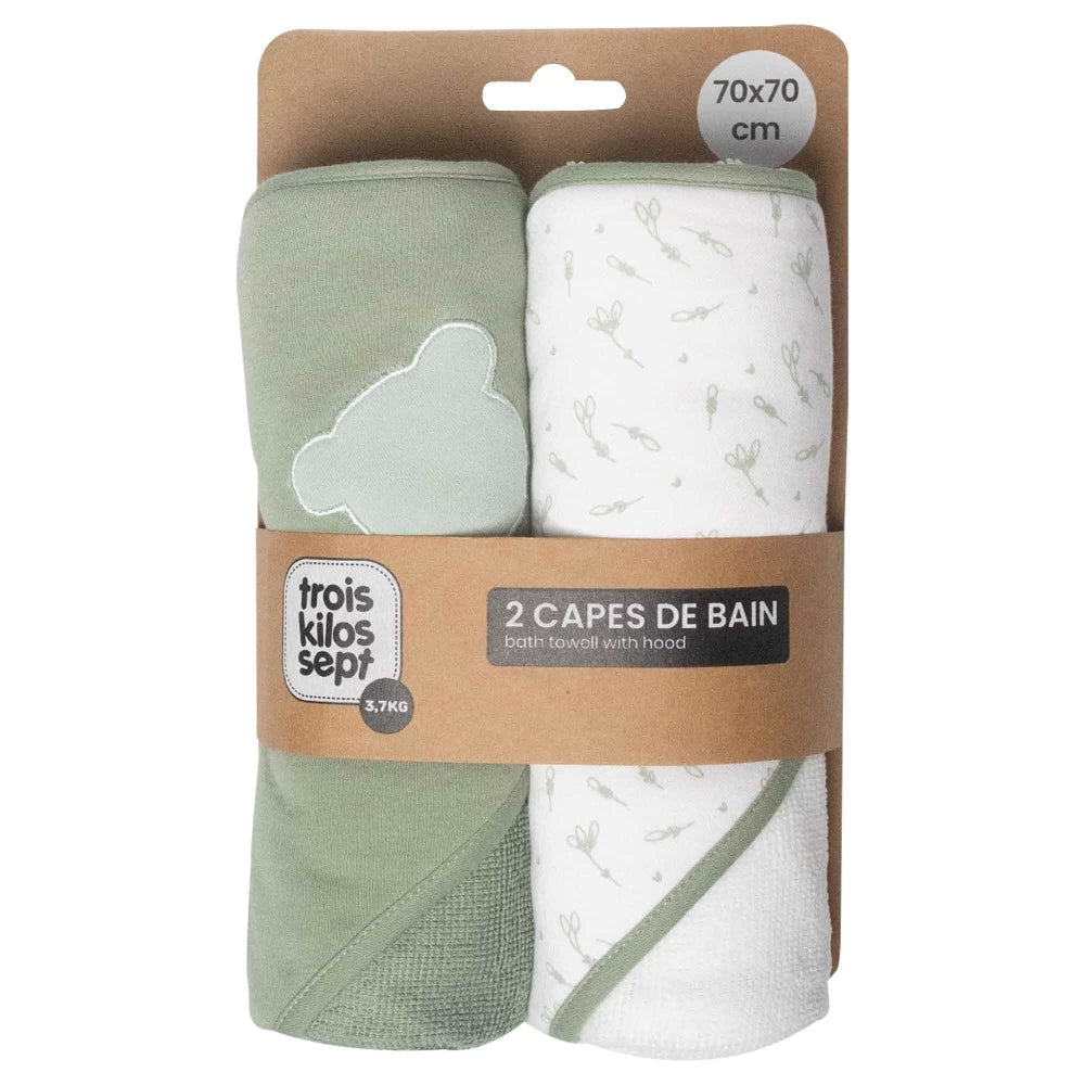 Sortie de bain bébé – Lot de 2 capes de bain avec capuche Vert ourson TROIS KILOS SEPT
