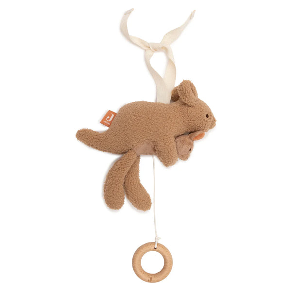 Peluche musicale Kangourou avec bébé dans la poche. Mélodie douce pour apaiser bébé et favoriser l’endormissement. Douce, sécurisée et réconfortante.