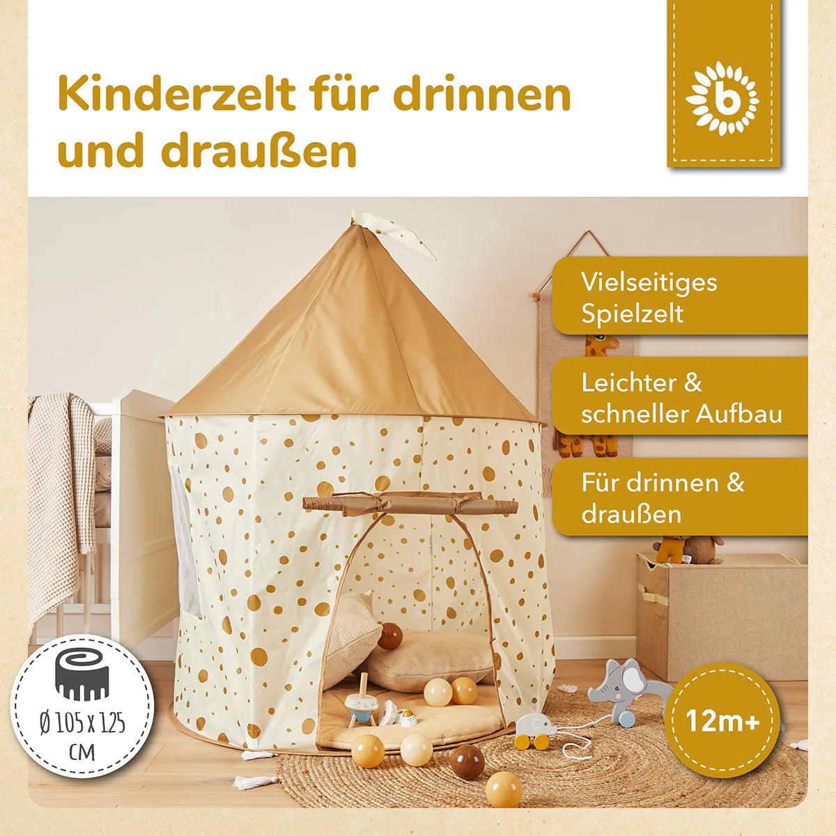 Tente de jeu bébé Pop-Up Dots – Beige caramel BIECO espace amusement pliable pour enfant