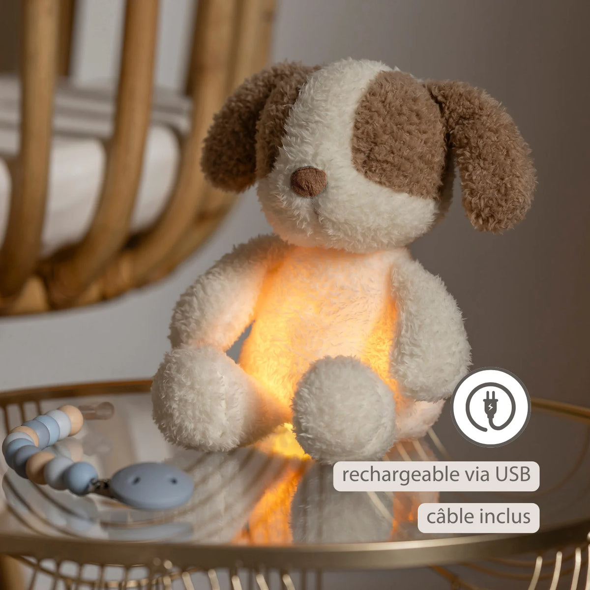 veilleuse bébé, veilleuse peluche, veilleuse chien, peluche lumineuse, lampe de nuit bébé, veilleuse rechargeable, Nattou, cadeau naissance, Petit Coeur Salé