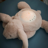 Veilleuse peluche bébé avec projection d’étoiles et sons apaisants. Lumière douce, timer 20 min, parfait pour endormir bébé en toute sécurité.