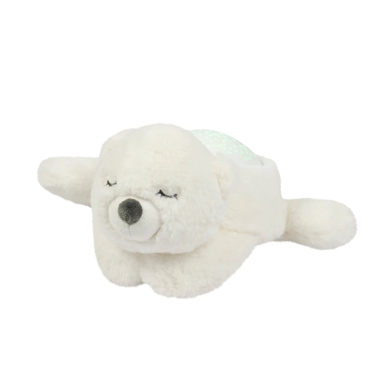 Veilleuse peluche ours polaire avec projection d’étoiles et sons apaisants. Timer 20 min, lumière douce et câline pour endormir bébé facilement.