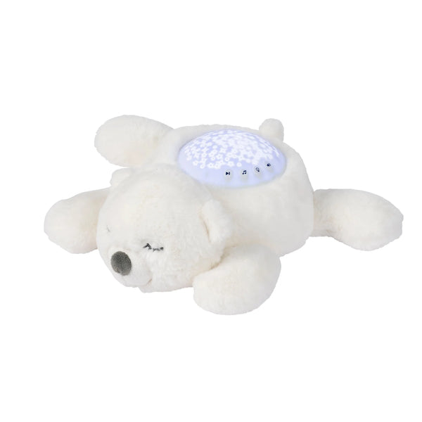 Veilleuse peluche ours polaire avec projection d’étoiles et sons apaisants. Timer 20 min, lumière douce et câline pour endormir bébé facilement.