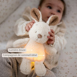Veilleuse peluche lapin Teddy beige, douce et rassurante. Lumière à deux intensités, rechargeable USB et housse lavable. Parfaite pour apaiser bébé la nuit.